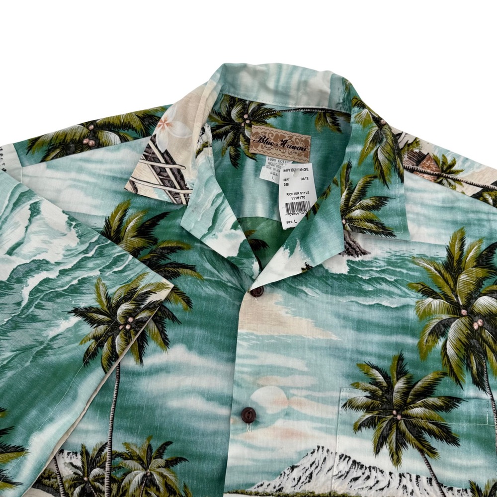 Blue Hawaii Mens Large Cotton Tropical Scenic Aloha‎ Shirt Made in USA Teal New